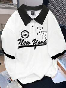 Claim Dot 男士拼色短袖时尚领 Polo 衫，带字母图案印花，适合外出、送给朋友