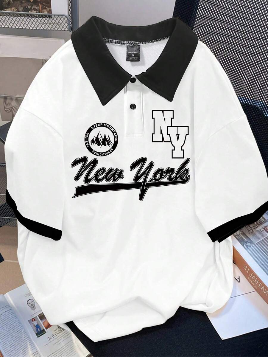 Claim Dot 男士拼色短袖时尚领 Polo 衫，带字母图案印花，适合外出、送给朋友