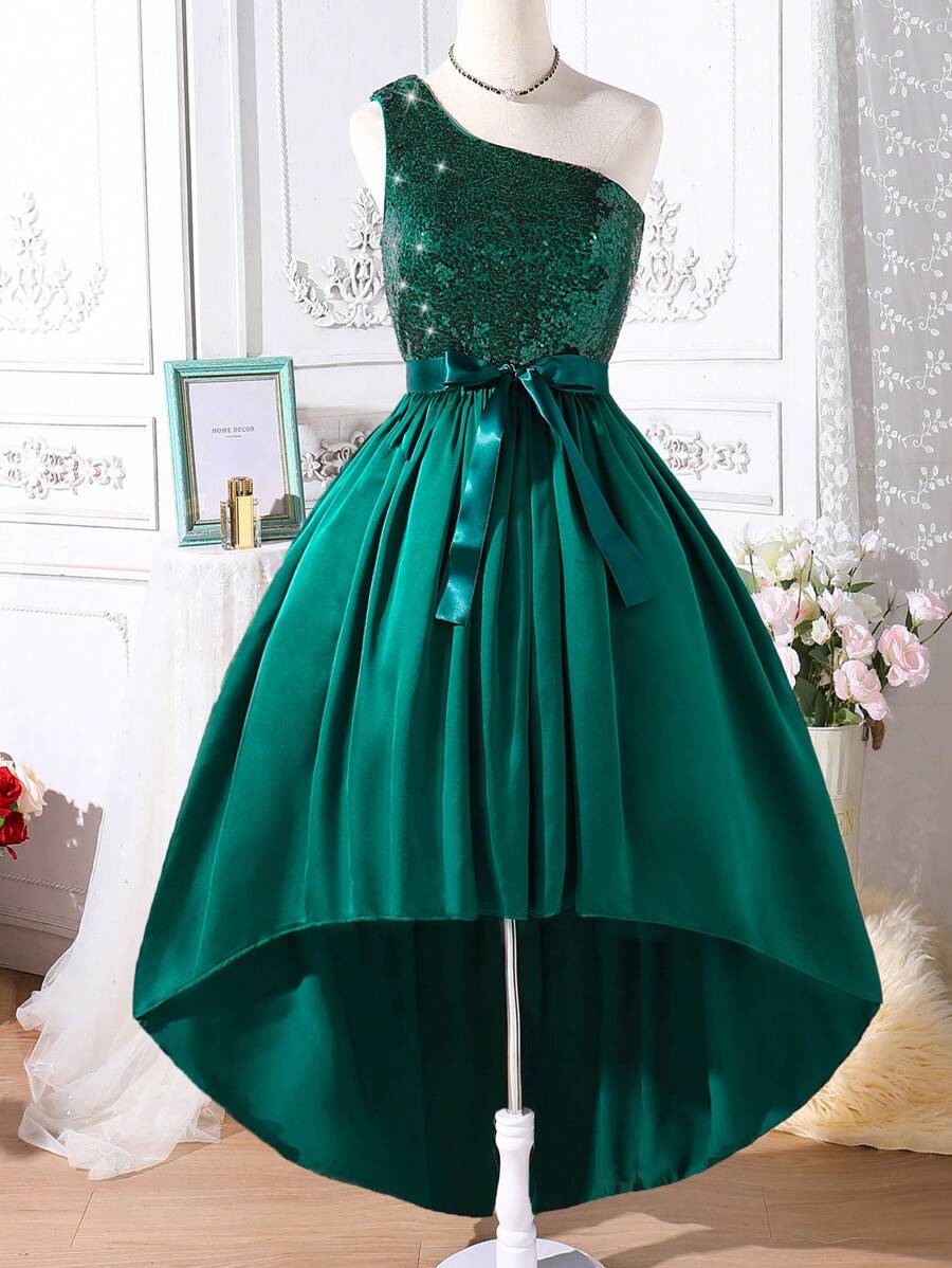 SHEIN Explorewe 少女斜肩闪亮不对称下摆派对连衣裙 - 綠色 - 查看 1