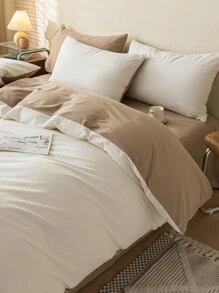 3pcs Beige & Deep Coffee Tone Bedding Duvet Cover And Pillow Sham Set - White - View 7