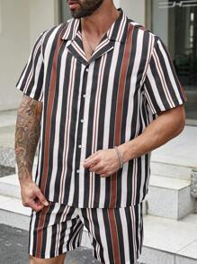 Manfinity Homme Men Plus Size Striped Print Short Sleeve Shirt And Shorts Set - Multicolor - View 3