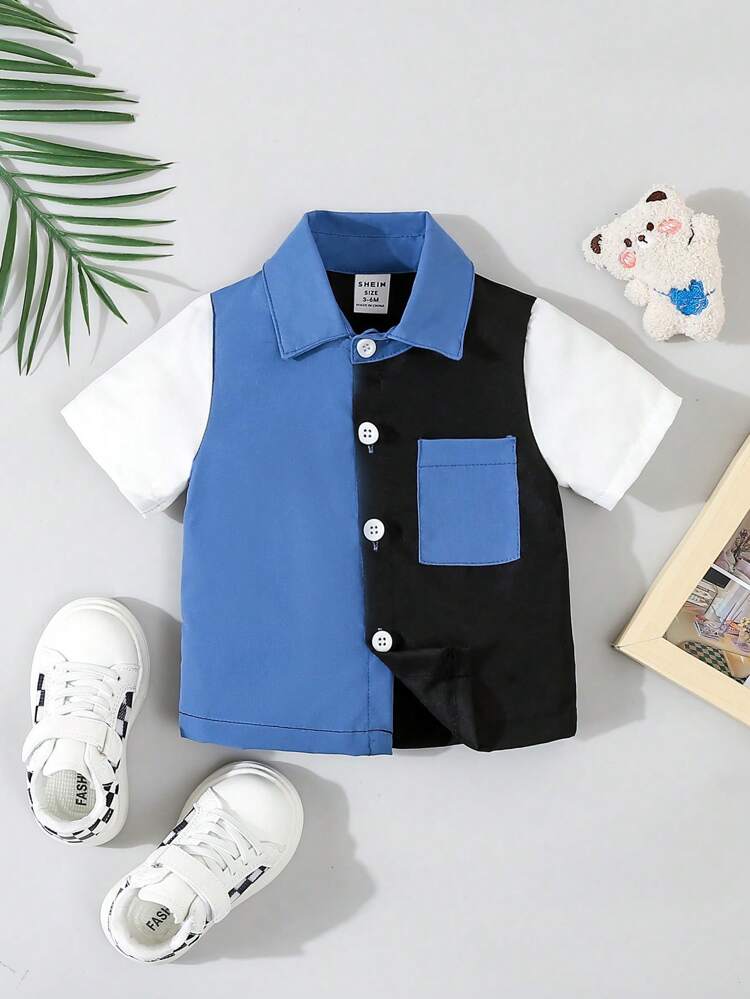 Baby Boys Casual Comfortable Color Block Button-Front Short Sleeve Shirt For Summer