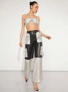 Hauture Colorblock Flap Pocket Side PU Leather Pants - Multicolor - View 5