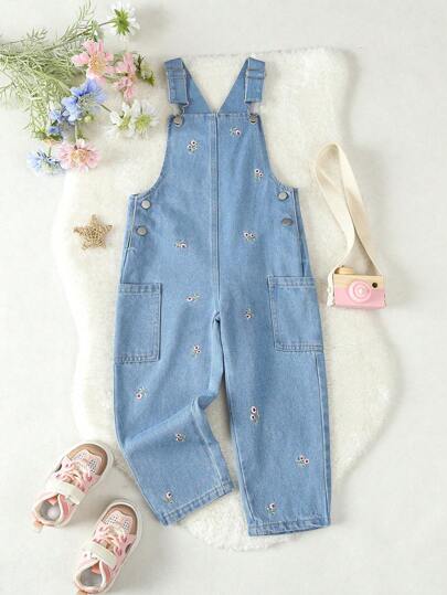SHEIN Vintaside Kids Young Girl Casual, Comfortable And Cute Embroidered Denim Overall