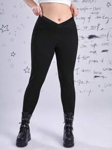 ROMWE 大碼素色側口袋緊身打底褲 - 黑色 - 查看 4