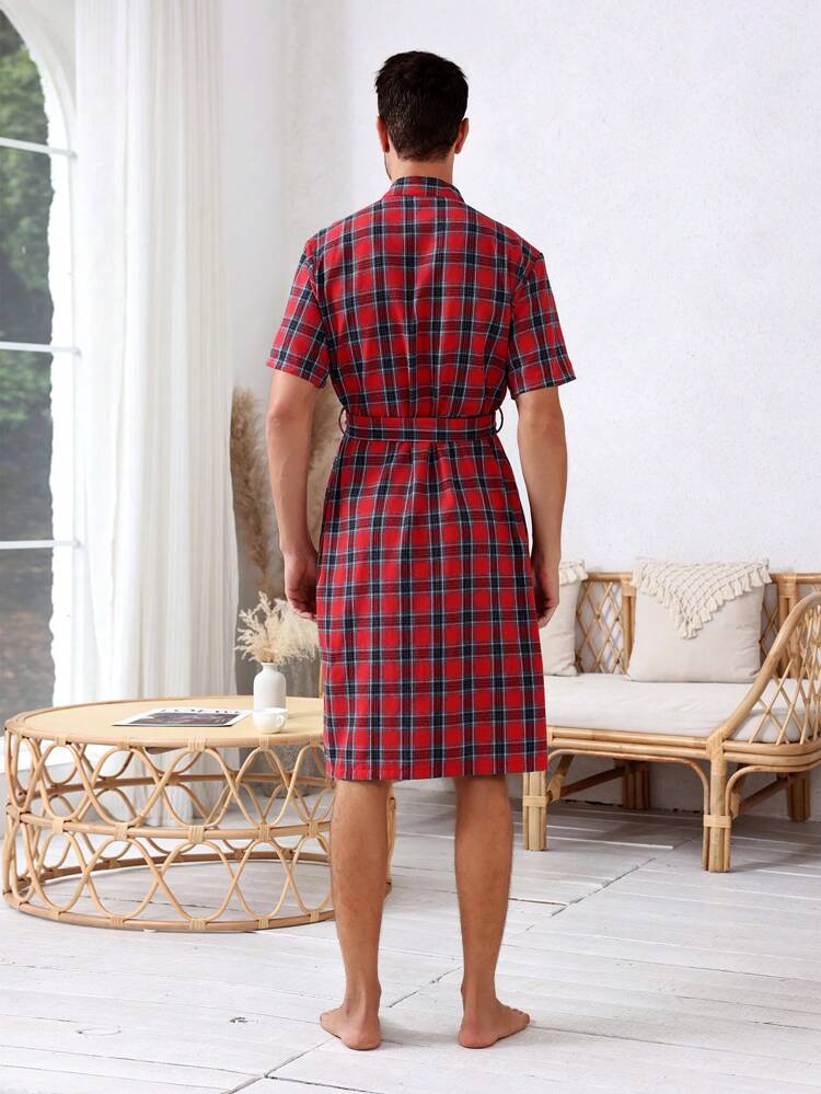 Men Plaid Printed Short Sleeve Homewear With Belt
