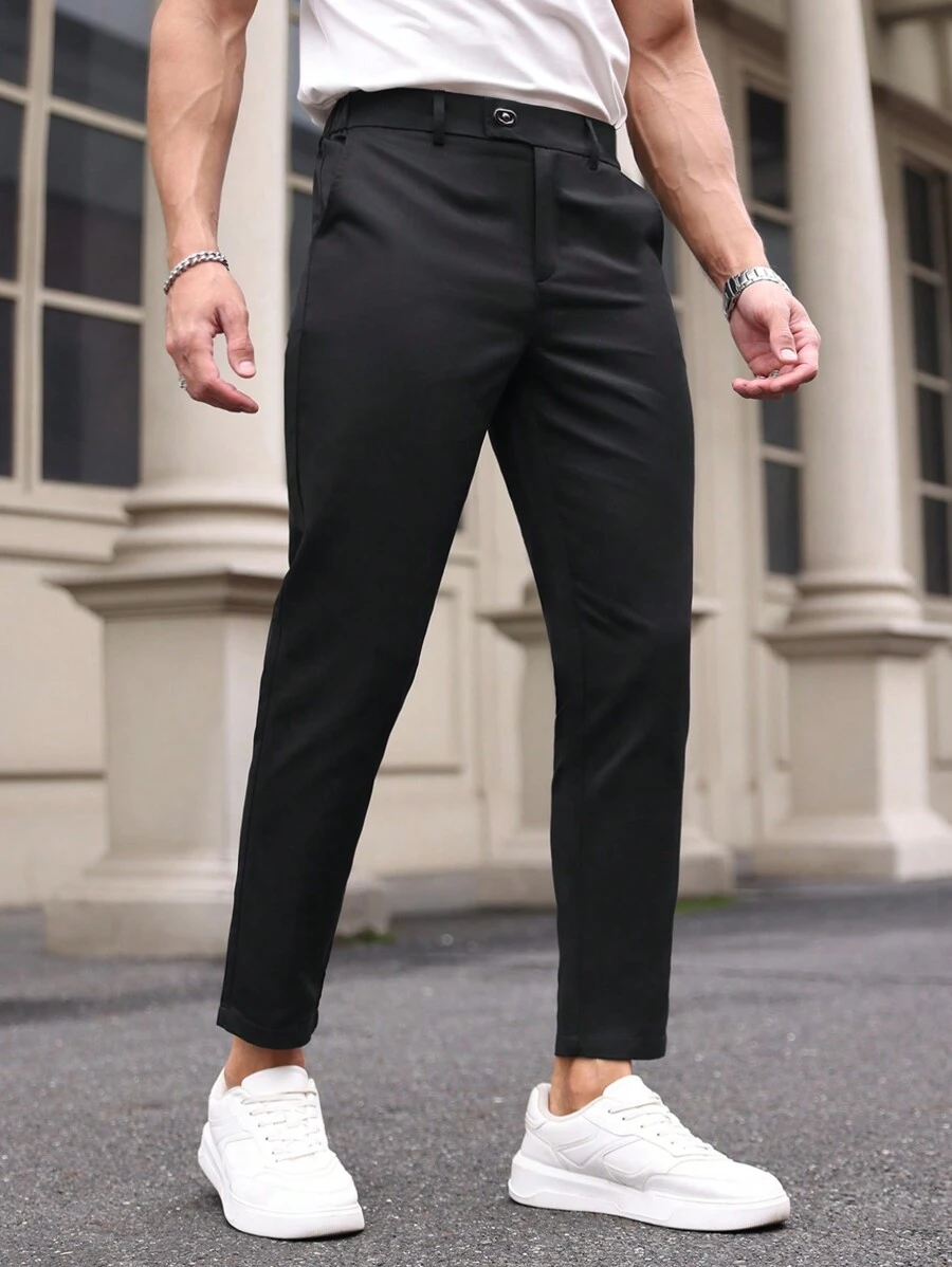 Manfinity Mode Men Casual Solid Color Zipper Fly Tapered Dress Pants Suit Pants - Black - View 1