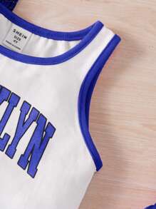 SHEIN Conjunto tejido de 3 piezas para chicas jóvenes para baloncesto que incluye una camiseta de malla de manga corta, una camiseta sin mangas y pantalones cortos sueltos - azul real - Ver 5