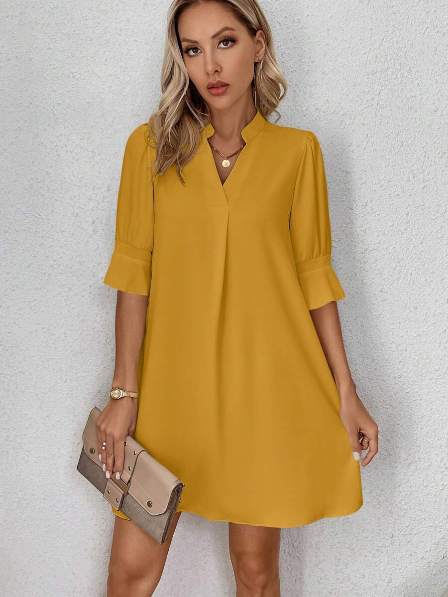 SHEIN Clasi Women's Embroidery Notch V-Neck Short Sleeve Straight Loose Casual Dress, Summer Blue Dress - Yellow - View 1