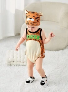 SHEIN Baby Boy Cute And Playful Jumpsuit & Hat With Soft And Comfortable Tiger Cub Costume Design, Ideal For Performances, Cosplay And Fun Role Play - Multicolor - View 5