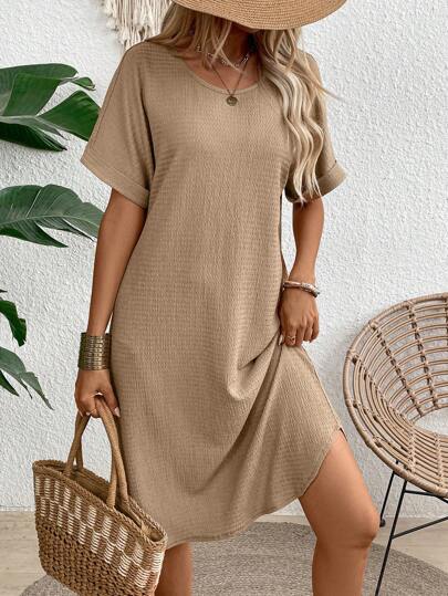 EMERY ROSE Spring/Summer Textured Round Neck Short Sleeve Straight Casual Dress