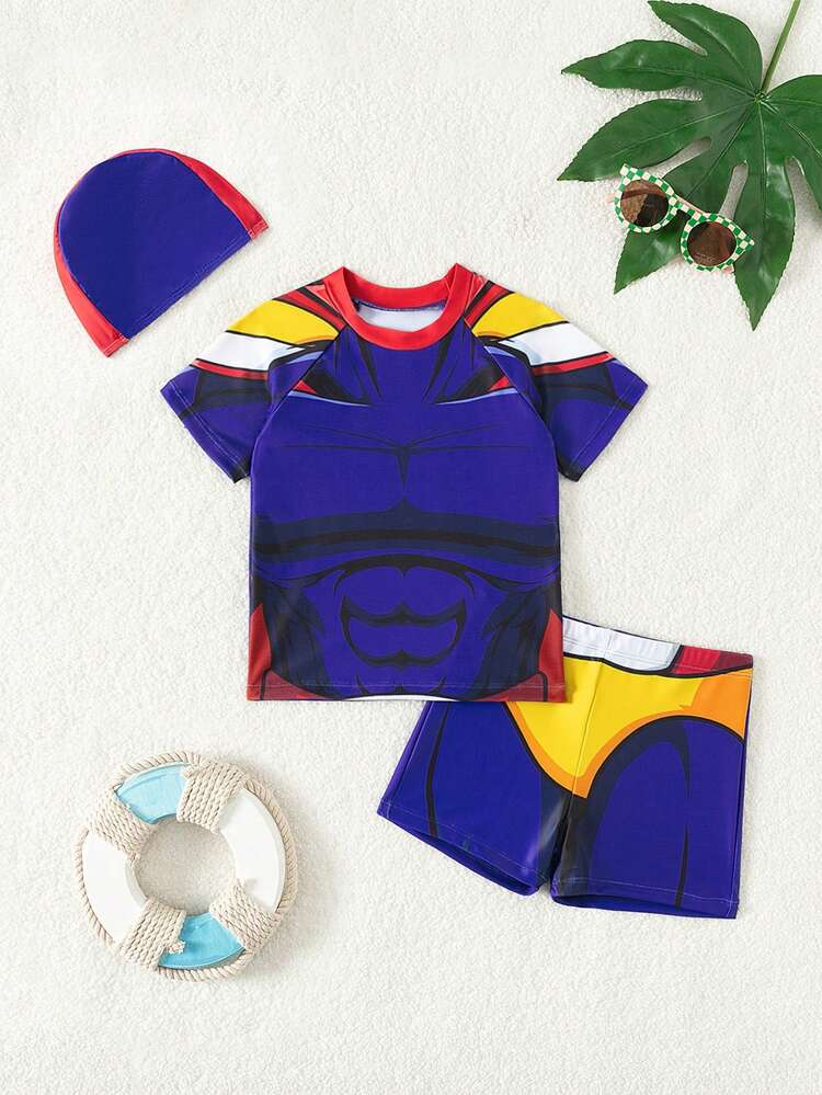 Young Boy Cartoon Printed Crew Neck Raglan Sleeve Top And Boxer Briefs Casual Swimming Costume Set