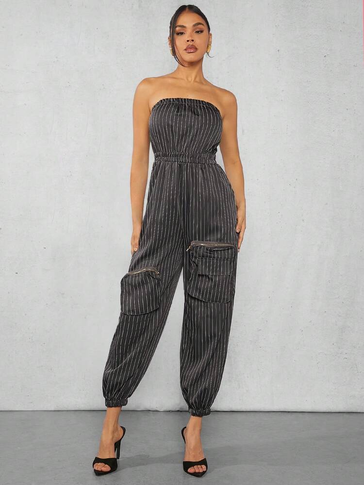 Vertical Striped Strapless Jumpsuit With Pockets Detail, Suitable For Daily Wear In Spring/Summer