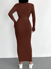SHEIN Cottnline V-neck Long Sleeve Belted Sweater Dress - Coffee Brown - View 4