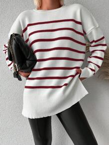 SHEIN Cottnline Women's Striped Drop Shoulder Knitted Sweater - Red - View 5