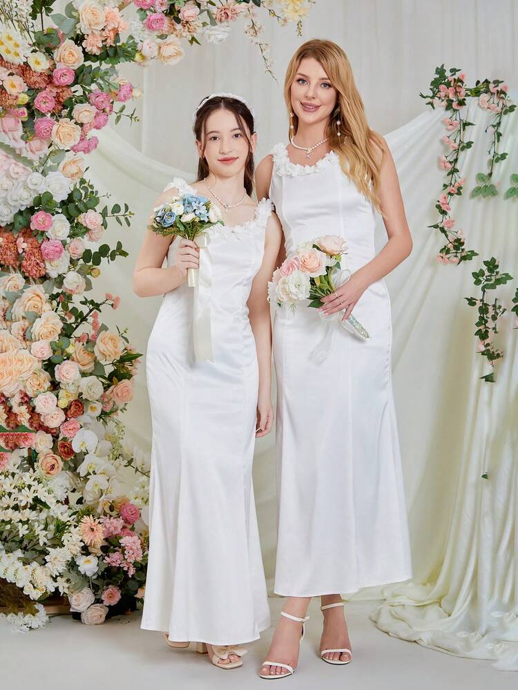 Teen Girl White Hollow Out Sleeveless Cami Dress Family Matching Outfits (2 Pieces Sold Separately)