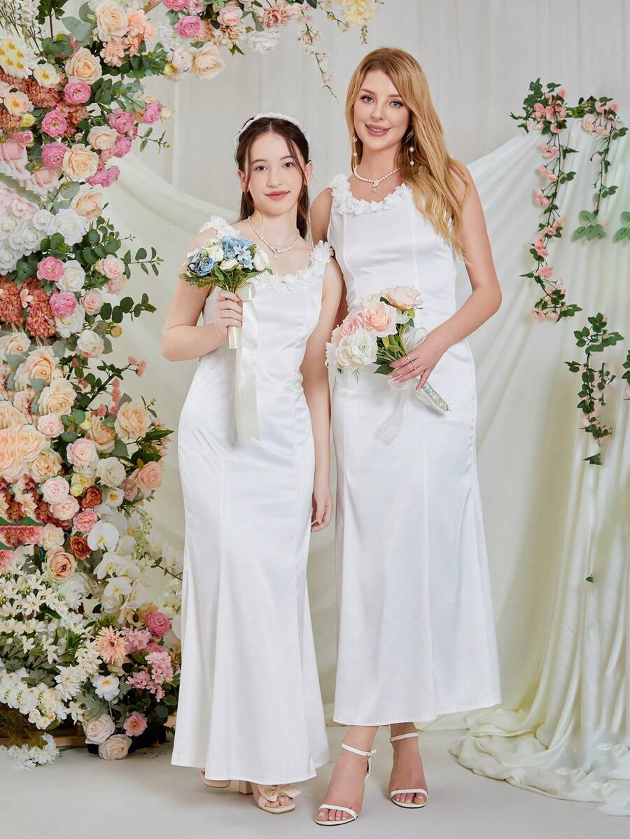 少女白色镂空无袖吊带连衣裙家庭装（2 件单独出售）