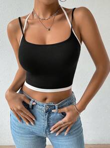Zolique Color-Blocked Design Slim Cropped 2 In 1 Cami Top For Summer