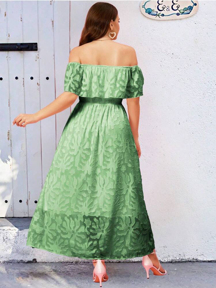 Plus Size Women's Summer Holiday Off Shoulder Ruffle Trimmed Dress With Shirred Waist And Side Slit