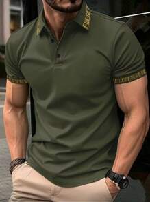 Manfinity Homme Áo sơ mi polo ngắn tay thường ngày mùa hè màu trơn, phong cách đi nghỉ - xanh quân đội - Xem 1
