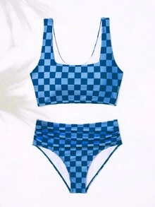 SHEIN Swim Women Summer Beach Checkered Print Vacation Style Bikini Set, Vacation Bikini Set - Blue - View 4