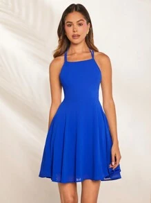 Women Casual Fashion A-Line Dress With Back Crossed Strap Detail - Royal Blue - View 2