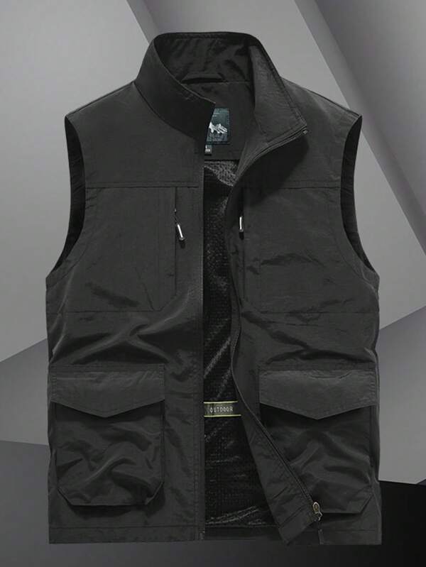 Veste sans manches décontractée à col montant noire pour le printemps et l'été pour hommes