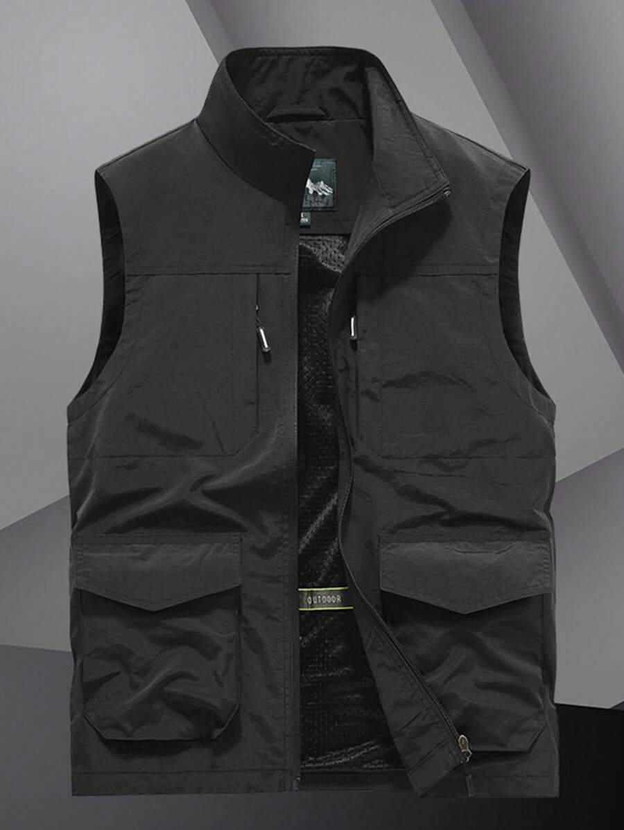 男士休闲立领黑色马甲，适合春夏秋季穿着