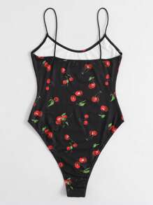 SHEIN EZwear Cherry Print Cami Bodysuit - Black - View 2
