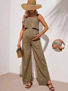 SHEIN Maternity Holiday Casual Printed Sleeveless Nursing Jumpsuit