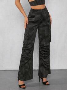 Hauture Pantalones De Carga Con Bolsillos Laterales Con Solapa Y Estampado De Rayas - Blanco y Negro - Ver 5