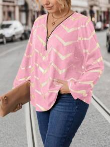 SHEIN LUNE Camisa de tamanho grande para mulheres com estampa listrada ondulada em folha de ouro de verão, fechamento de zíper de meia vista e mangas dobráveis