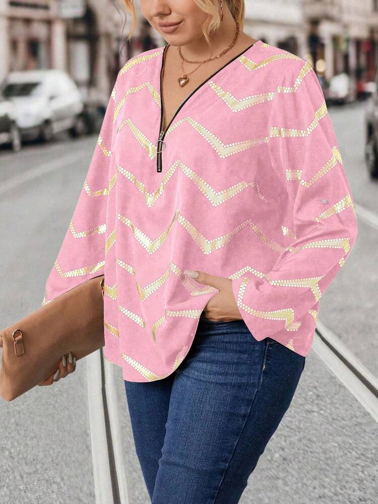 Plus Size Women Summer Gold Foil Wave Striped Printed Zipper Half Placket Rolled Sleeve Shirt Fall Cloth For Women