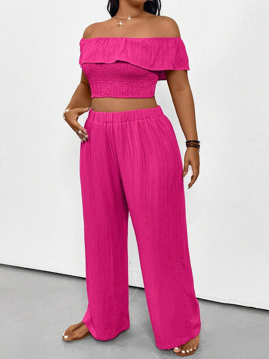 Breezaya Ensemble deux pièces chemise épaules dénudées et pantalon de couleur unie grande taille - Rose vif - Voir 1