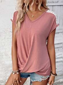 SHEIN LUNE Women Solid Color Simple Lace Decor Daily T-Shirt