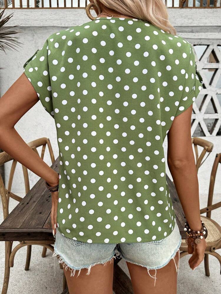 Women's Polka Dot Printed Batwing Sleeve Shirt With Notched Collar