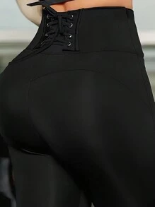 Solid Color Criss-Cross Waistband Fitted Long Pants, Music Festival Summer Spring Outfits For Women, Capris For Women