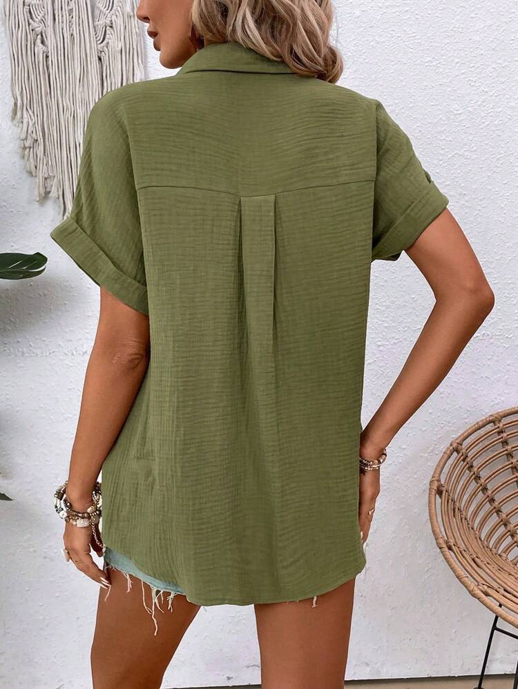 Women's Solid Color Batwing Sleeve Flap Pocket Shirt