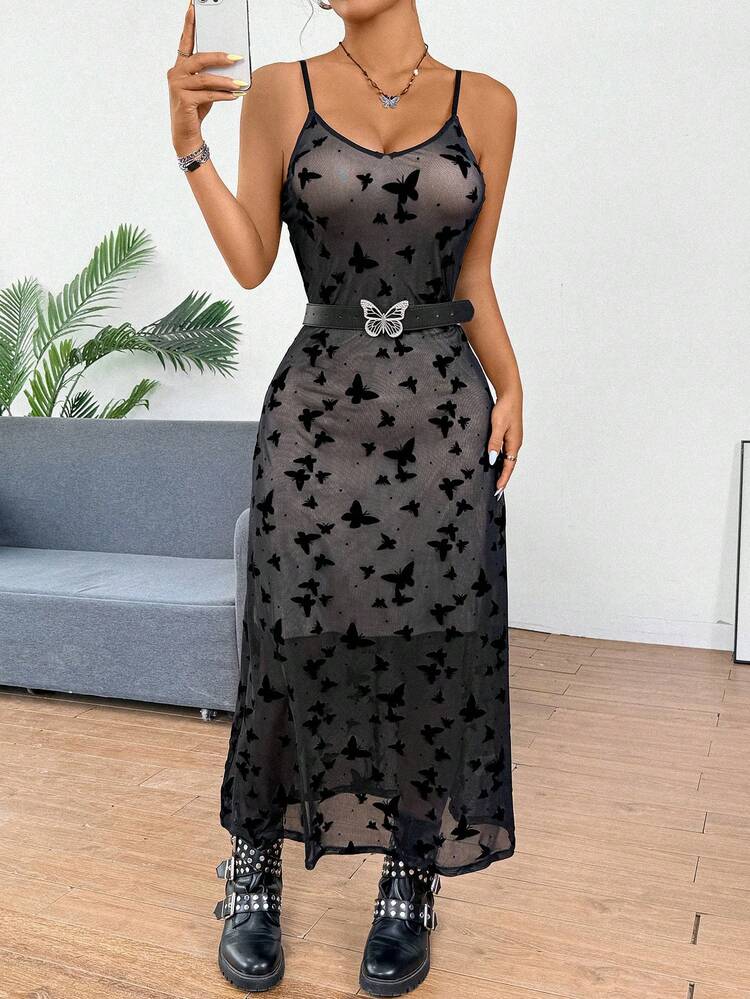 Women Summer Black Mesh Butterfly Print Velour Spaghetti Strap Dress