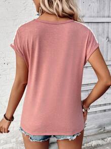 SHEIN LUNE Women Solid Color Simple Lace Decor Daily T-Shirt