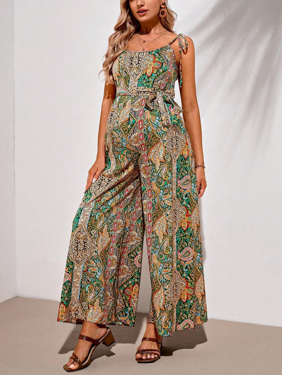 SHEIN 孕婦度假波西米亞寬腿連身褲，洋香草印花細肩帶 - 彩色 - 查看 1