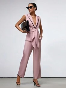 Women's Fashionable Solid Color Sleeveless Blazer And Long Pants Suit - Pink - View 4