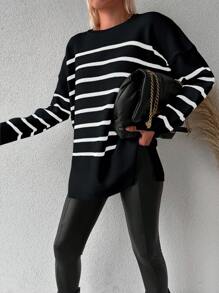 EURMUSE Women's Striped Drop Shoulder Loose Sweater - Black and White - View 6