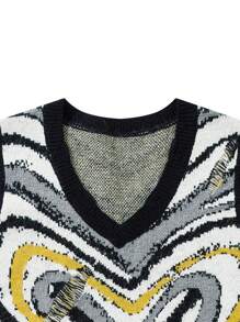 ANDREILEE 男士心形提花流苏撞色V领套头针织背心，春秋季 - 黑色 - 查看 3