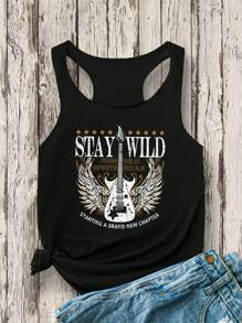 SHEIN EZwear American Retro Guitar Print Casual Tank Top For Women, Summer