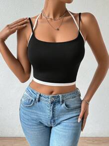 Zolique Color-Blocked Design Slim Cropped 2 In 1 Cami Top For Summer