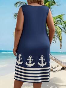 EMERY ROSE 夏季加大尺碼女性V領無袖海軍圖形簡單印花連衣裙 - 藏蓝色 - 查看 2