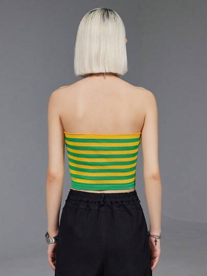 SHEIN EZwear 女性のカジュアルストライプノットクロップトップ、ニット素材を使用