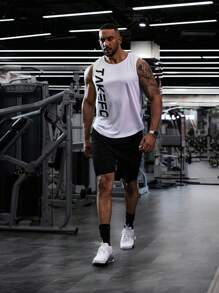 GymBeat Men Plus Size Round Neck Letter Print Vest And Solid Color Shorts Summer Sports Suit Gym Set Workout Set - Multicolor - View 6