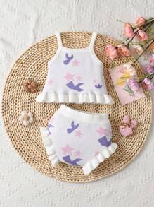 Baby Girl Summer Pentagram Pattern Knitted Tank Top And Woven Shorts Set